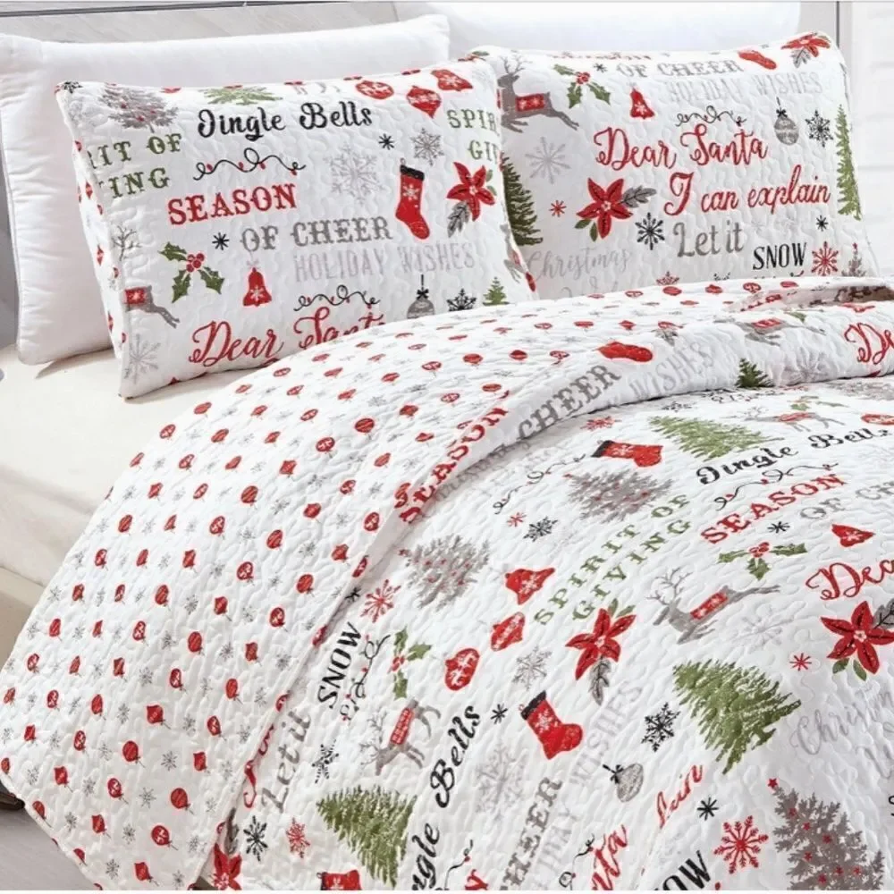 Farmhouse Christmas Carol Printed Quilted Bed Set Holiday Cheer Tis the Season